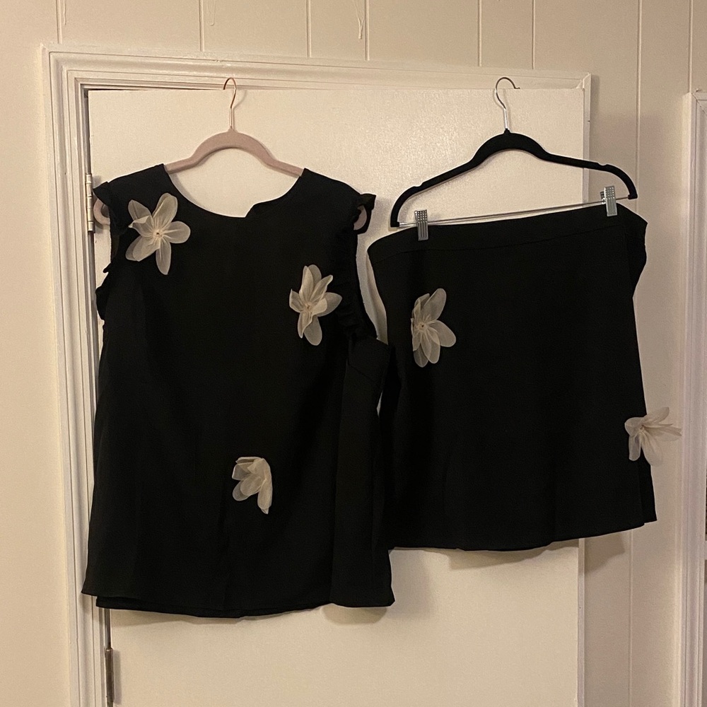 SHEIN Black Blouse with Cream Floral Accents
